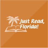 Just Read, Florida! icon with a palm and a book on an orange background