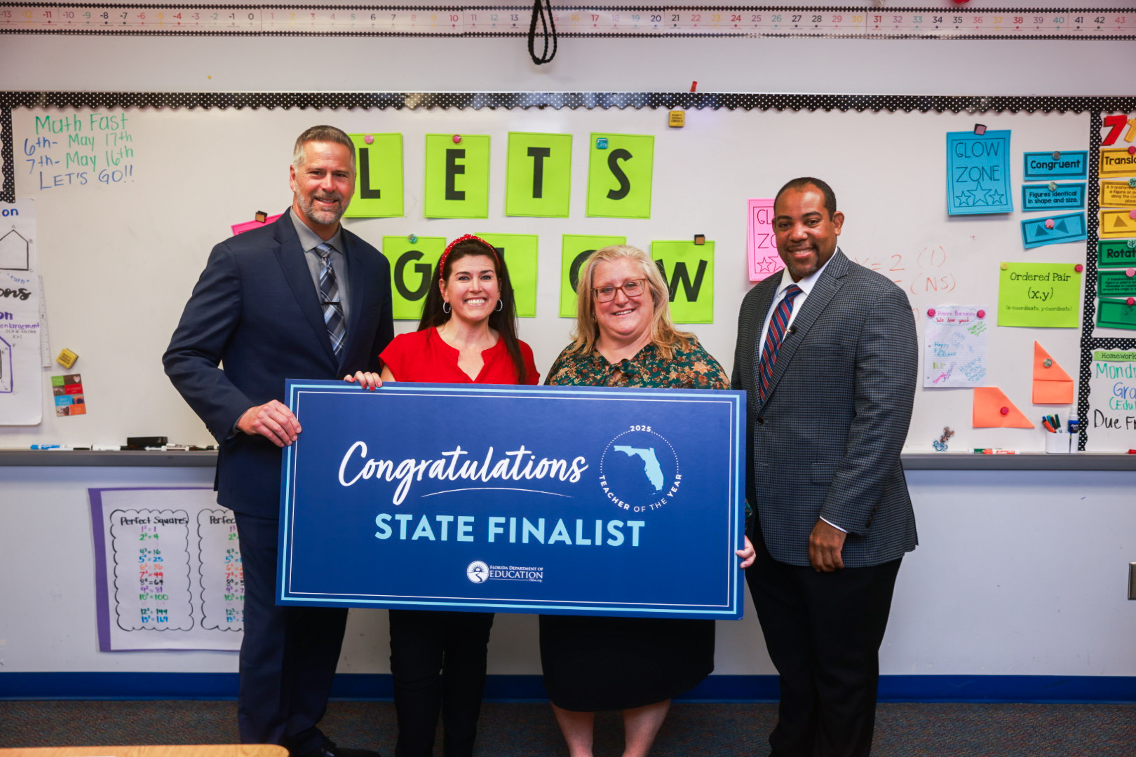 In photo (l-r): Hernando County Schools Superintendent John Stratton; Jaime Suarez; Challenger K-8 School Principal Rosemarie Maiorini; FDOE Public Schools Chancellor Dr. Paul Burns