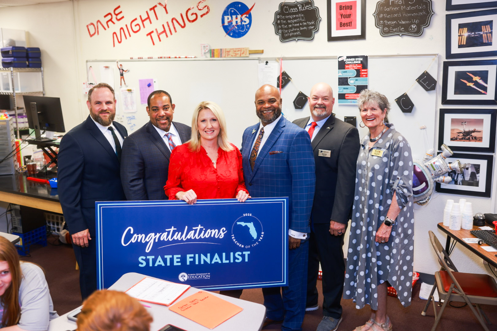 Walton County educator, Heather Stewart (center), named a 2025 Florida Department of Education Teacher of the Year finalist.