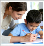 Mom helping son with homework