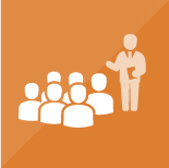 Speaker talking to a group of people icon on orange background