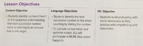 Lesson Objectives Content Objective Students identify numbers from 1 to 5 in sequence understanding that each successive number name is one larger. Language Objectives Students identify the next successive number to five when counting by stating the number. To cultivate conversation and optimize output, ELs will participate in MLR8: Discussion Supports. SEL Objective Students build proficiency with social awareness as they practice with empathizing with classmates.