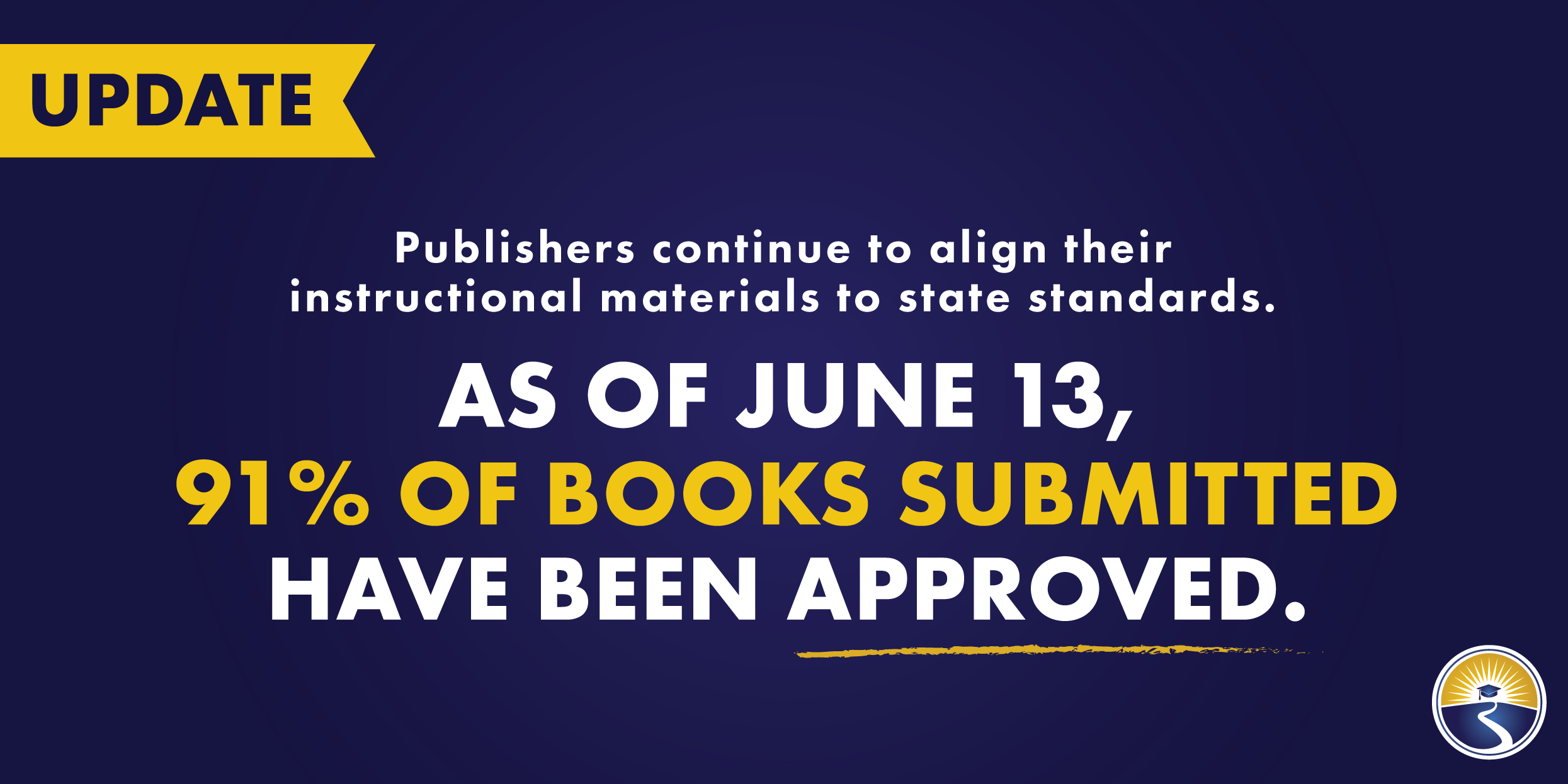 Update! Publishers continue to align their instructional materials to state standard. As of June 13, 91% of books submitted have been approved. 
