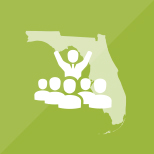 Florida map with teacher and students icon on a green background