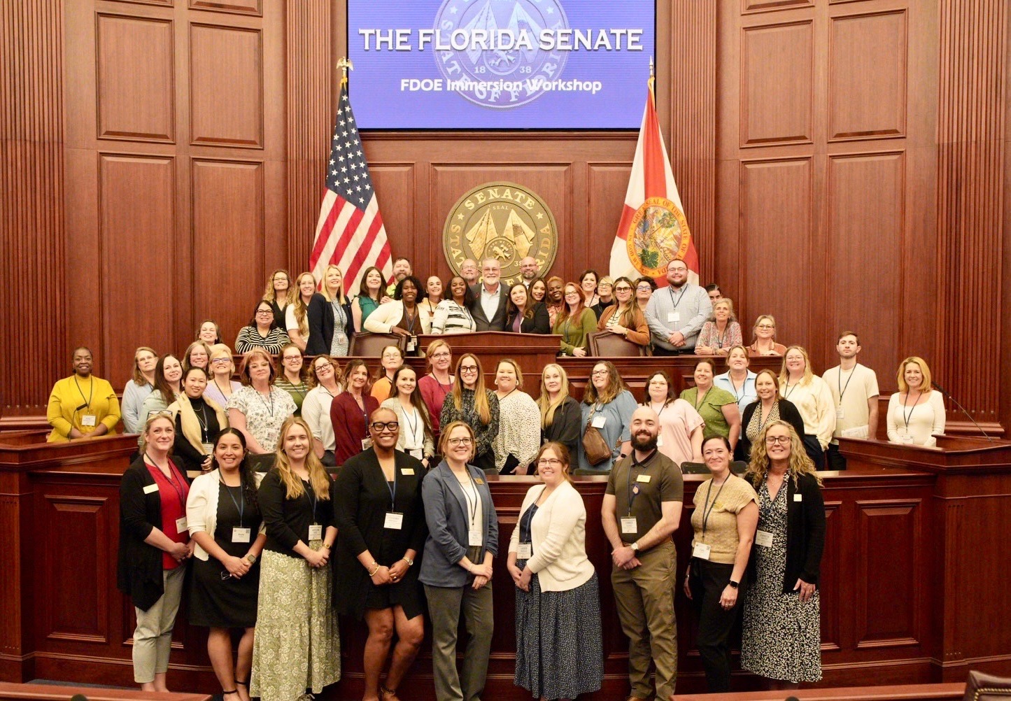 Group photo of participants of the 2026 Capitol Complex Professional Learning Event in the Florida Senate with Senate President Ben Albritton.